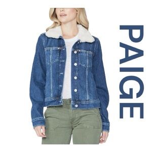 PAIGE Rowan Denim Jacket With Shearling Collar Jamee Distressed, Size XL